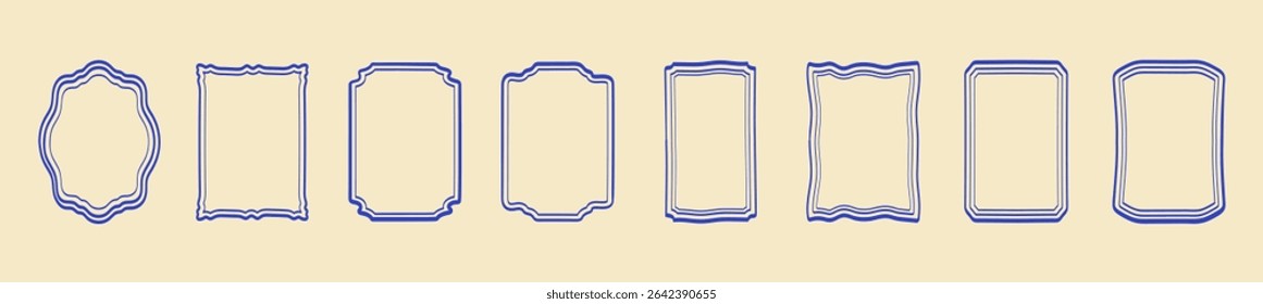 Cute hand-drawn wavy line frames in a minimal marine style. Vintage geometric borders with curvy edges, perfect for groovy, trendy designs, holiday invites, and minimal decorative projects.
