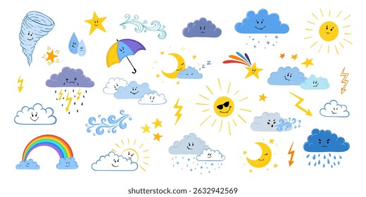 Cute hand-drawn weather elements set with suns, moons, rainbows, clouds, raindrops, and stars in a childish style. cartoon cute set. Weather character with smile and angry face