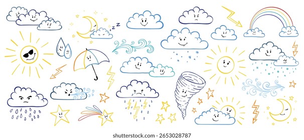 Cute hand-drawn weather elements set with suns, moons, rainbows, clouds, raindrops, and stars in a childish style. cartoon cute set. Weather character with smile and angry face