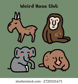 Cute hand-drawn weird nose animals illustration set featuring a saiga antelope, proboscis monkey, elephant, and star-nosed mole. Rounded cartoon shapes, thick outlines, and warm flat colors make this artwork perfect for funny animal themes, kids illustrations, and sticker designs.