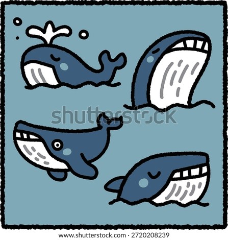 Cute hand-drawn whale illustration set featuring four friendly blue whales in different poses. Perfect for kids design, education materials, social media graphics, and playful ocean themes.