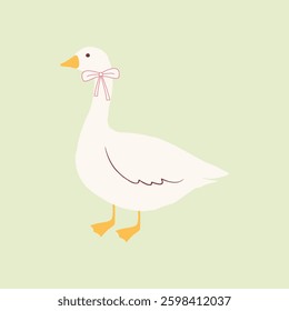 Cute hand-drawn white goose with a bow ribbon. Vector illustration.