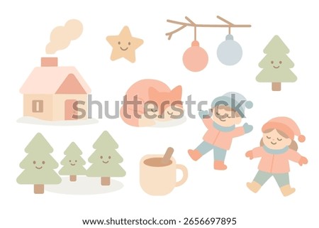 Cute hand-drawn winter flat illustration set with kids playing, sleeping fox, forest trees, cozy house, hot cocoa. Perfect for Christmas holidays, cards, kids’ designs. Simple vector, white background