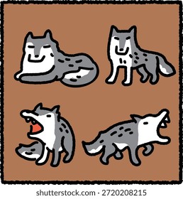 Cute hand-drawn wolf illustration set featuring four friendly gray wolves in different poses and expressions. Ideal for kids design, education materials, nature themes, and playful animal illustrations.