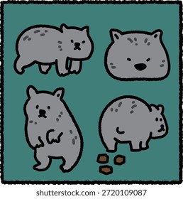 Cute hand-drawn wombat illustration set featuring four simple poses in a thick-outline cartoon style. Wombats are burrowing marsupials native to Australia and play an important role in grassland and forest ecosystems. Ideal for wildlife education, biology, zoology, and nature-themed designs.