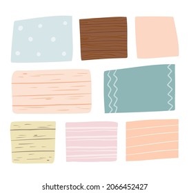 Cute handdrawn wooden, plain and patterned and background set. Vector illustration