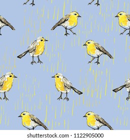 Cute hand-drawn yellow birds standing in the rain on a light blue background. Seamless vector pattern that is great for rainwear, umbrellas, textiles, boots, shower/bath items and stationery.