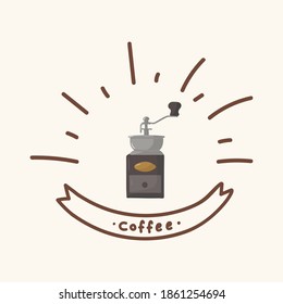 Cute hand-held coffee grinder. Hand-drawn coffee poster. Grain chopper for an invigorating drink in a circle of doodles. Cute hand-held machine for cappuccino, morning, latte, espresso, black flat