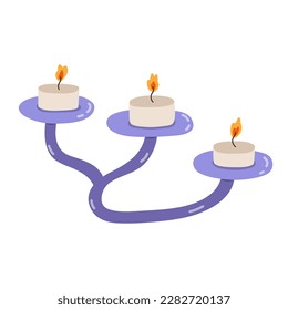 Cute handmade ceramic candlestick with burning candle.. Trendy craft candle holder in the style of 70s with colorful and trendy patterns. Scandinavian home decorations. Hand drawn vector clipart.