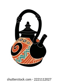 Cute handmade ceramic teapot painted with abstract tribal ornament. Black tea kettle isolated on white background. Hand drawn kitchen crockery. Modern porcelain crockery. Flat vector illustration.