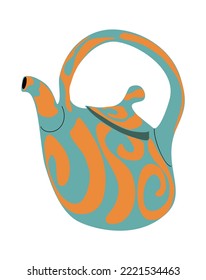 Cute handmade ceramic teapot painted with abstract ornament. Teal and orange tea kettle isolated on white background. Hand drawn kitchenware. Modern porcelain crockery. Flat vector illustration.