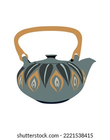 Cuta tetera de cerámica hecha a mano pintada con adorno floral. El hervidor de agua es de color azul y azul y está aislado en un fondo blanco. Artículos de cocina hechos a mano. La vajilla de porcelana moderna. Ilustración vectorial plana.