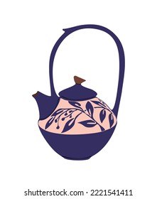 Cute handgefertigte Keramik Teekanne mit Blumenverzierung. rosafarbener und blauer Teekessel einzeln auf weißem Hintergrund. Handgezeichnetes Küchengeschirr. Modernes Porzellangeschirr. Flache Vektorgrafik.