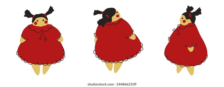 Linda muñeca hecha a mano. Colección de Ilustraciones vectoriales de una chica en un vestido rojo. Juguete textil. Objetos aislados sobre fondo blanco.