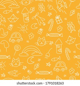 Cute handmade doodle seamless pattern icons for kids and preschoolers. Icon car, cat, dog, candy, tower, rainbow, moon, sun, tower, plane, rocket. Seamless Pattern For Kids