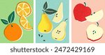 Cute, hand-made fruit illustration set. Vintage postcards with print effects.