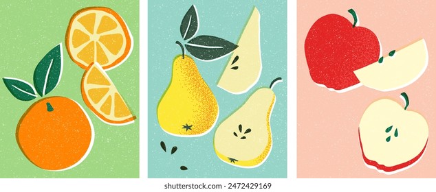 Cute, hand-made fruit illustration set. Vintage postcards with print effects.