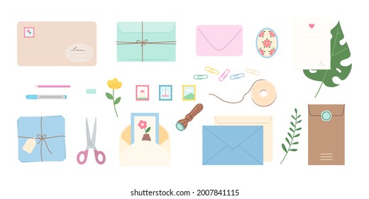 Cute handmade postal envelop for mail letter and postcard. Set of invitation romantic scrapbook sheet for greeting with wedding or announcement and craft stationery vector illustration