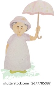 Linda ilustración vectorizada hecha a mano de dibujos animados de una Pequeña dama con un sombrero y sosteniendo un paraguas.