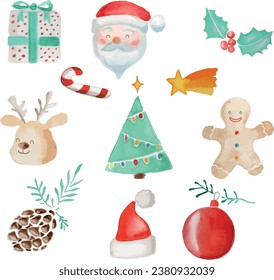 
Cute handmade watercolor christmas elements holiday set