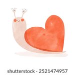 Cute Hand-painted Graphic Of A Smiling Snail Carrying A Big Red Heart. Lovely Nursery Vector Art with Happy Snail. Valentine's Day Print ideal for Card, Greeting, Poster. Kids' Room Decoration. RGB.