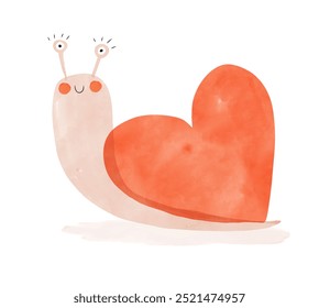 Gráfico Lindo Pintado A Mano De Un Caracol Sonriente Que Lleva Un Gran Corazón Rojo. Precioso Arte vectorial de vivero con caracol feliz. Impresión del día de San Valentín ideal para la tarjeta, saludo, cartel. Decoración de la habitación de los niños. RGB.