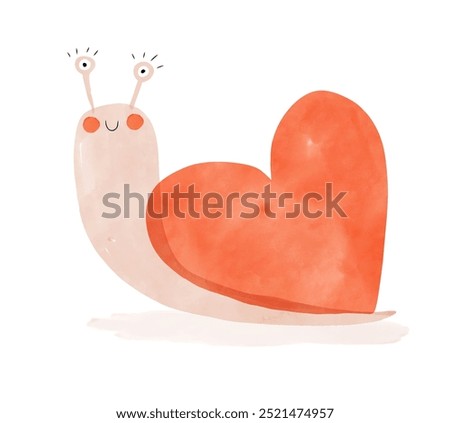 Cute Hand-painted Graphic Of A Smiling Snail Carrying A Big Red Heart. Lovely Nursery Vector Art with Happy Snail. Valentine's Day Print ideal for Card, Greeting, Poster. Kids' Room Decoration. RGB.