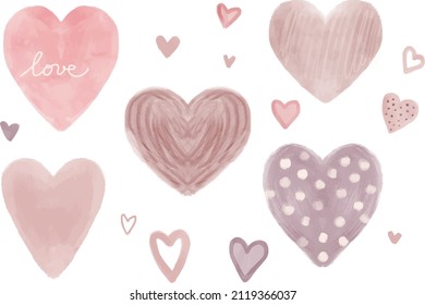 Cute handpainted children’s vector set of illustrations of a watercolor hearts. Ideal for print, stickers, scrap booking, web, Graphic design and other creative projects.