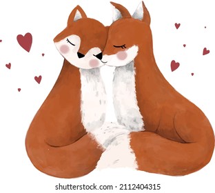 Cute handpainted vector watercolor Valentine’s Day illustration of two cuddling and hugging foxes in love. Ideal for print, stickers, scrap booking, web, Graphic design and other creative projects.