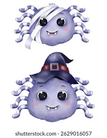 Cute hand-painted watercolor illustration of two purple spiders with smiles and hats, perfect for Halloween or children's designs. Isolated on white, great for prints, stickers, and cards