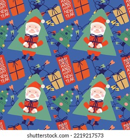 cute handraw christmas  elements design cute charactor santa and others elements seamless pattern for warpping paper