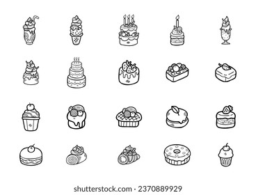  cute handraw doodle desserts bakery set black and white colour