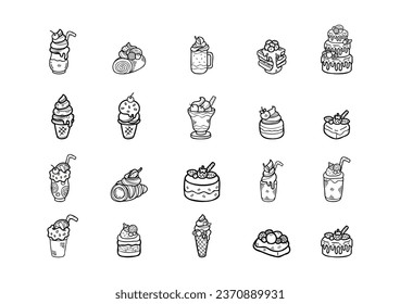  cute handraw doodle desserts bakery set black and white colour