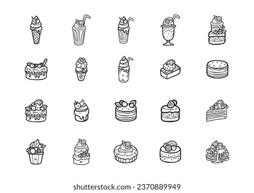  cute handraw doodle desserts bakery set black and white colour