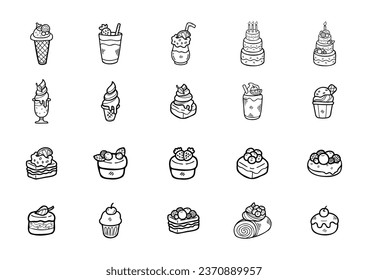  cute handraw doodle desserts bakery set black and white colour