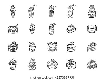  cute handraw doodle desserts bakery set black and white colour