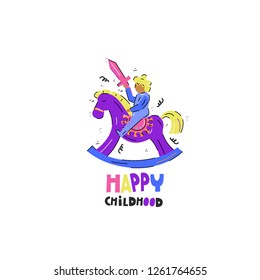 Cute handrawn vector illustration of a kid on a toy horse.