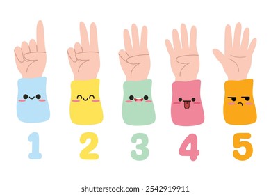 Cute hands gestures element set in kawaii style. Hands counting from 1 to 5. Preschool teaching, study numbers and count. Cartoon fingers