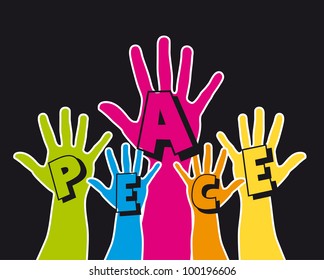 cute hands with peace text over black background. vector