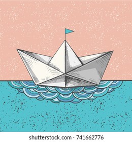 Cute handsketched paper ship on the waves, vector illustration. Art print with a boat on the sea. Ocean calling. Never stop exploring.