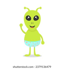 Cute handsome alien in underpants on a white isolated background waving his hand, vector illustration of extraterrestrial civilizations, smiling alien, alien child
