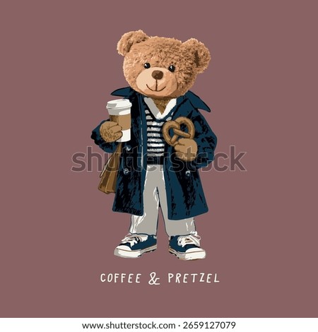 Cute handsome and cool teddy bear vector.Teddy bear vector hand drawn illustration cute print design for kids.College themed, cute animal graphic print for textiles. Teddy bear art.