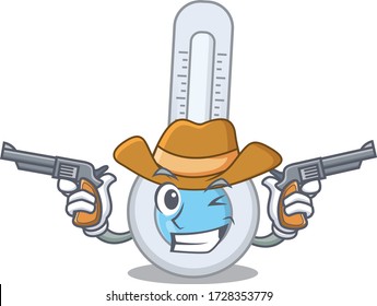 Cute handsome cowboy of cold thermometer cartoon character with guns