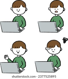 Cute handwriting set of a man working on a computer