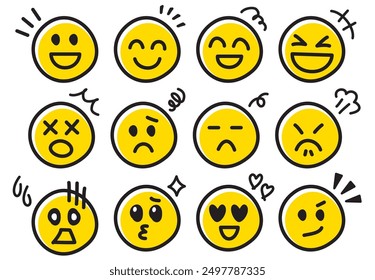 Cute handwritten emoticon icons of joy, anger, sadness and happiness