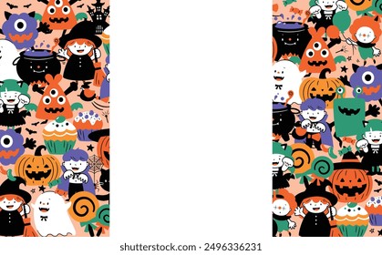 Cute handwritten frame background illustration of children in costume at a Halloween party with pumpkins, ghosts, monsters, etc.