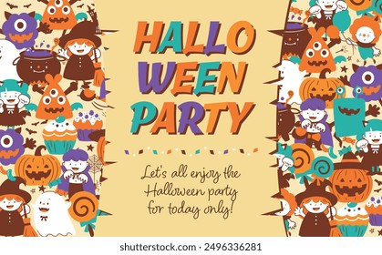 Cute handwritten frame background illustration of children in costume at a Halloween party with pumpkins, ghosts, monsters, etc.