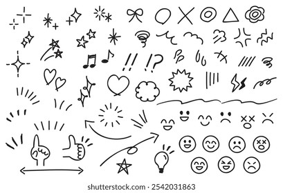 Cute handwritten icons of emotions and emoticons. Black.