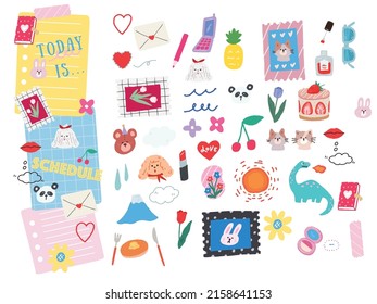 Cute handwritten illustration.Fashion, fashion, cherry, dog, tulip, bear, panda, heart, cosmetics, rabbit, girl.