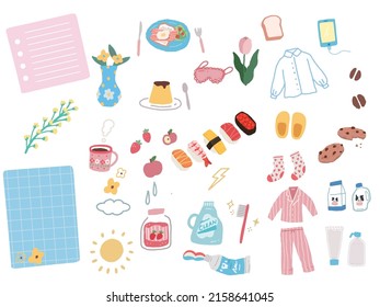 Cute handwritten illustration.Fashion, fashion, sushi, morning, breakfast, tulips, flowers, cosmetics.